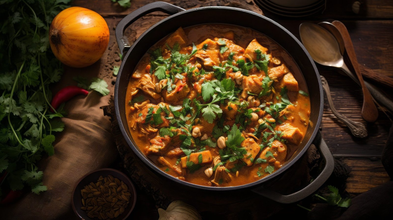 food photography African peanut stew with chicken and sweet potatoes, copy space, 16:9